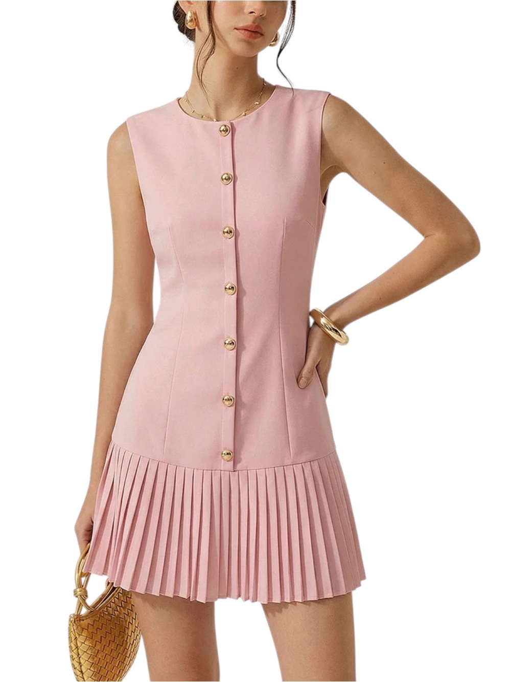 Commense Dusty Pink Gold Button Pleated Mini Dress Large NWT Sleeveless